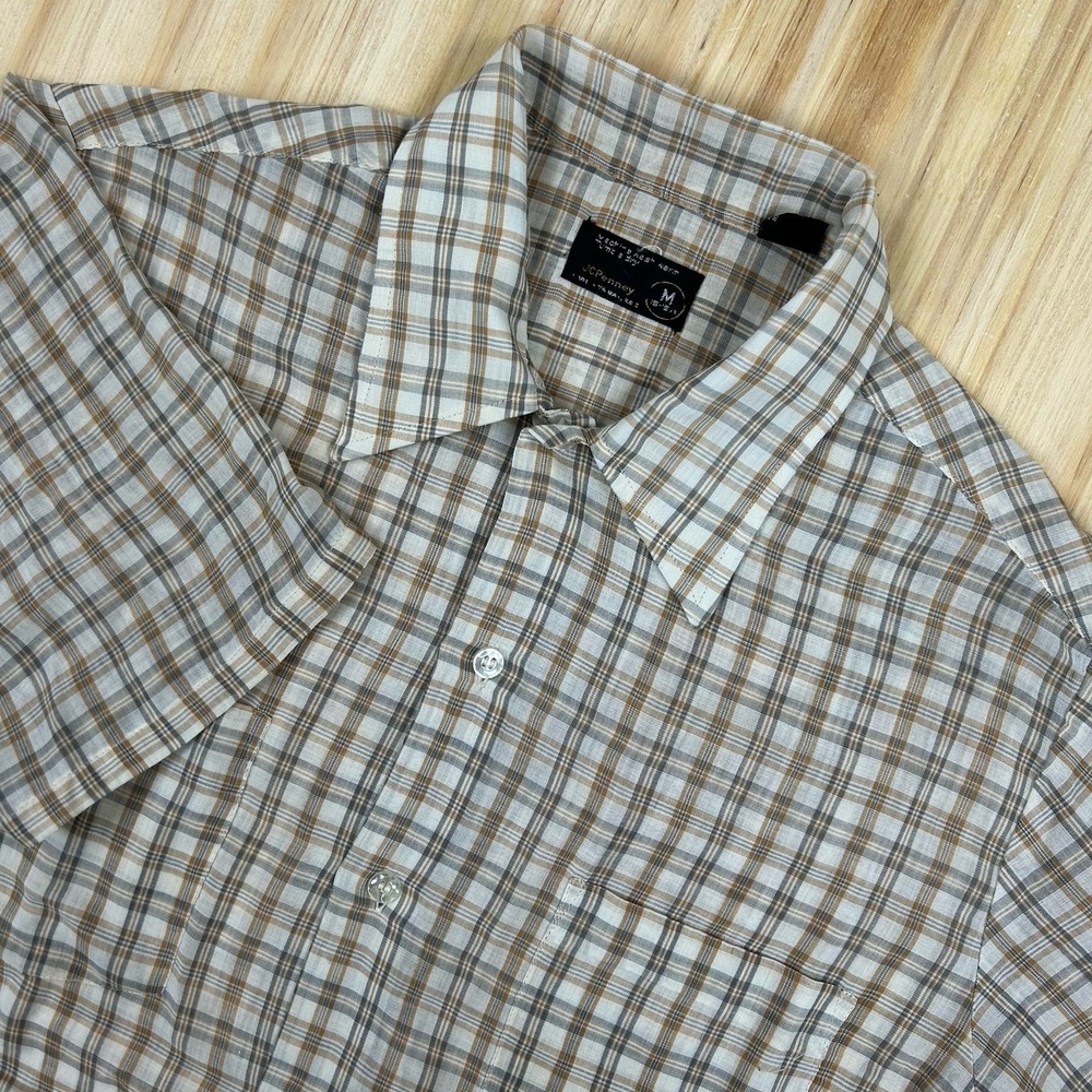 Vintage 70s JC Penny‎ Button Shirt Mens Medium Plaid Short Sleeve 21x27